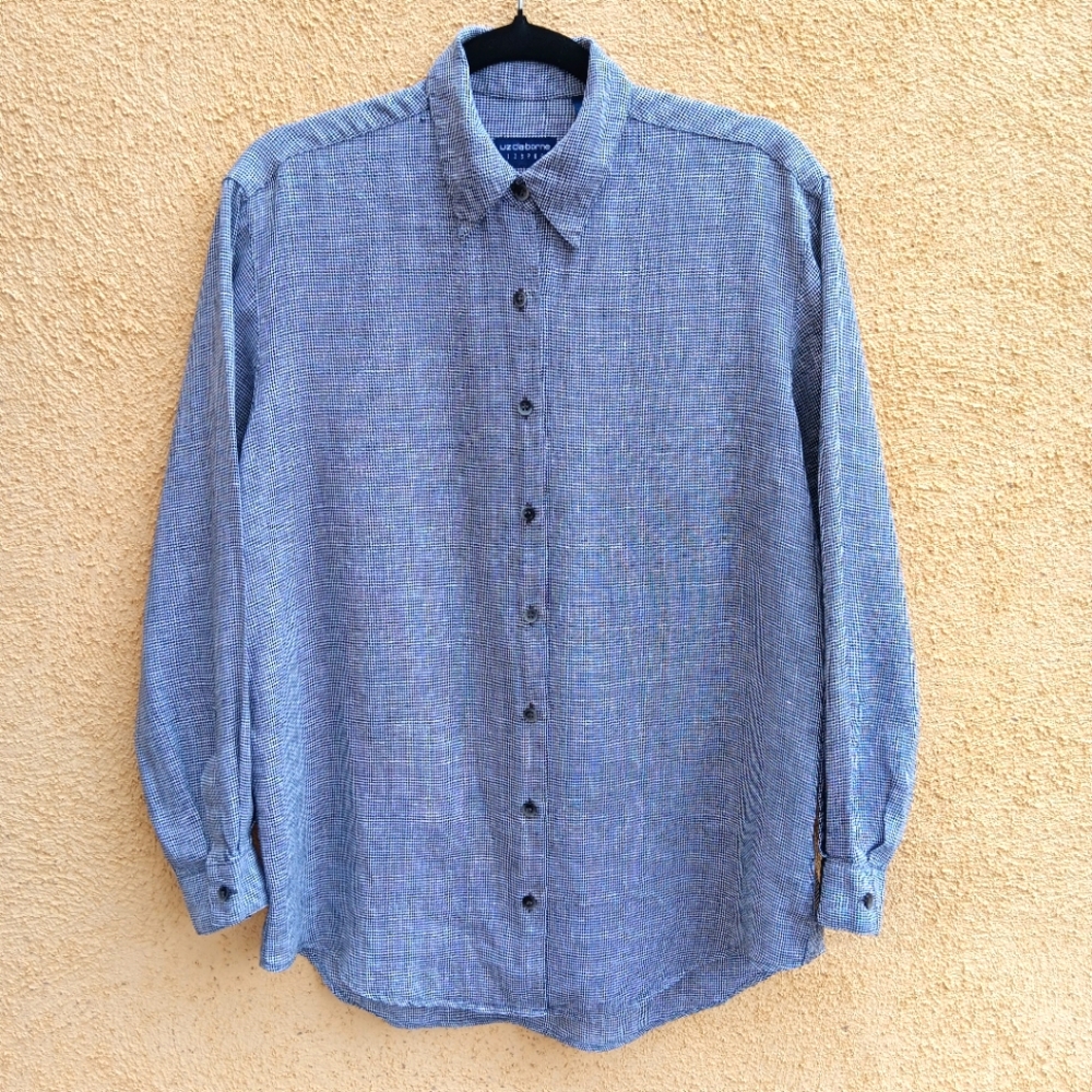 90s Liz Claiborne Linen Black and White Patterned Shirt